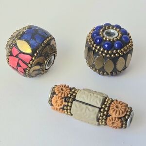 VTG Brass & Lapis Lazuli Handcrafted Artisan Barrel Bead Trio, 2 Round 1 Tube